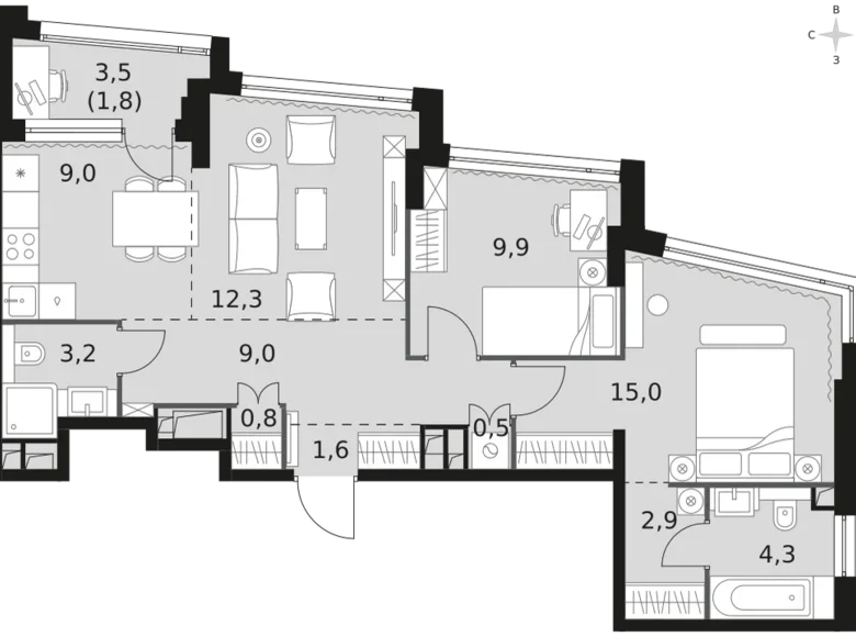 3 room apartment 70 m² Moscow, Russia