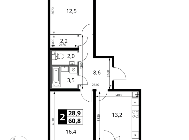 Mieszkanie 2 pokoi 61 m² rejon leniński, Rosja