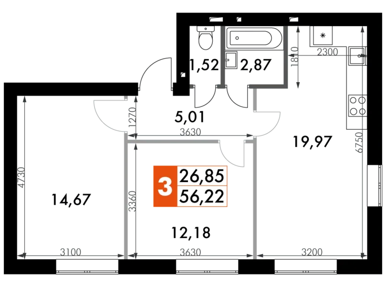 Mieszkanie 2 pokoi 56 m² Naro-Fominskiy gorodskoy okrug, Rosja