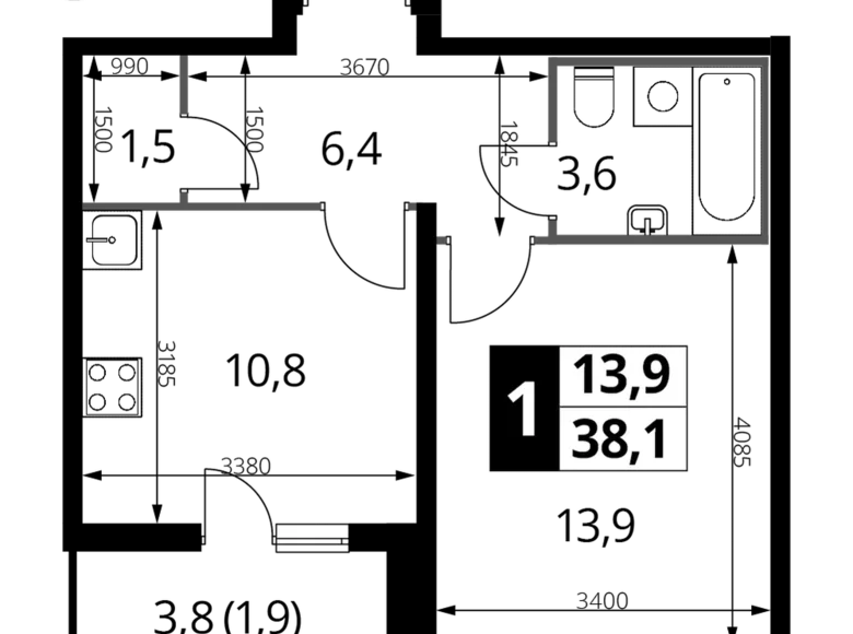 Квартира 1 комната 38 м² район Некрасовка, Россия