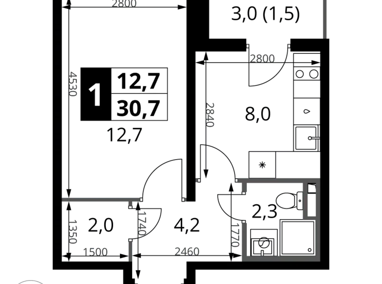 1 room apartment 31 m² Potapovo, Russia