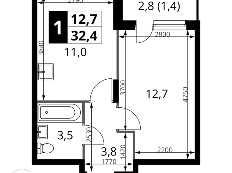 1 room apartment 32 m² Potapovo, Russia