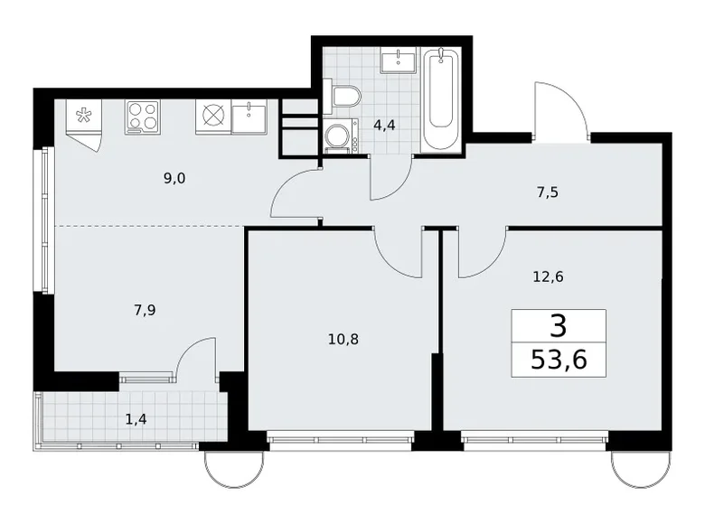 3 room apartment 54 m² Vnukovo, Russia