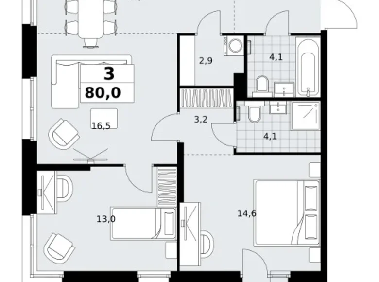 3 room apartment 80 m² Kommunarka, Russia