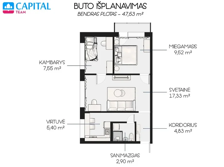 3 room apartment 48 m² Vilnius, Lithuania