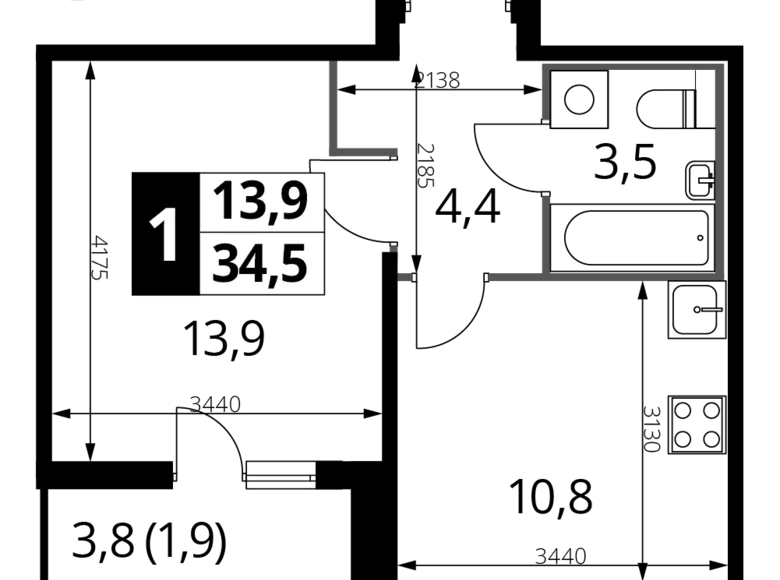 Mieszkanie 1 pokój 34 m² Nekrasovka District, Rosja