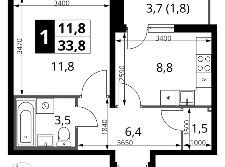 Apartamento 1 habitación 34 m² Leninsky District, Rusia