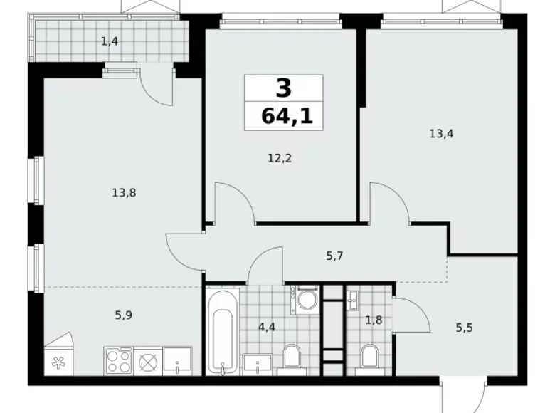 Квартира 3 комнаты 64 м² Москва, Россия