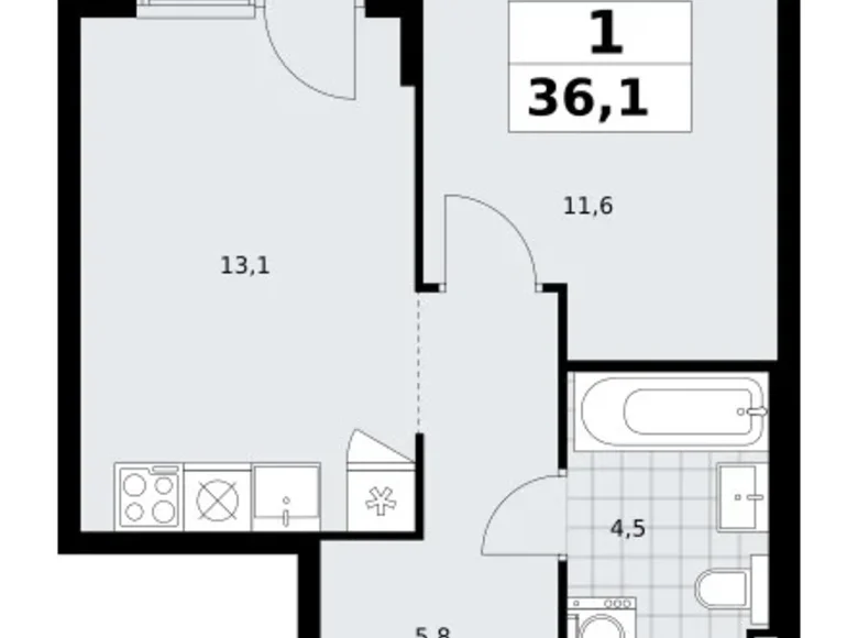 Apartamento 1 habitación 36 m² Troitsk, Rusia