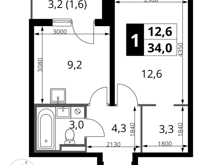 1 room apartment 34 m² Potapovo, Russia