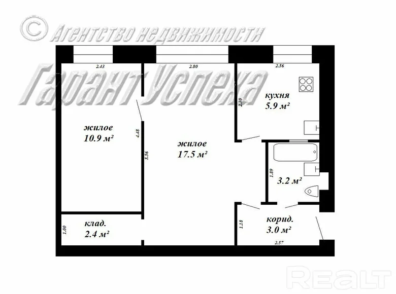 2 room apartment 43 m² Brest, Belarus