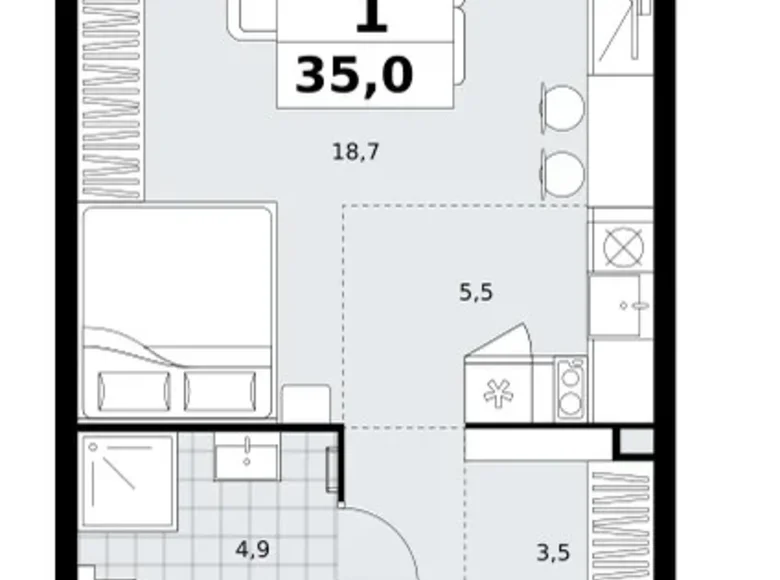 1 room apartment 35 m² Kommunarka, Russia