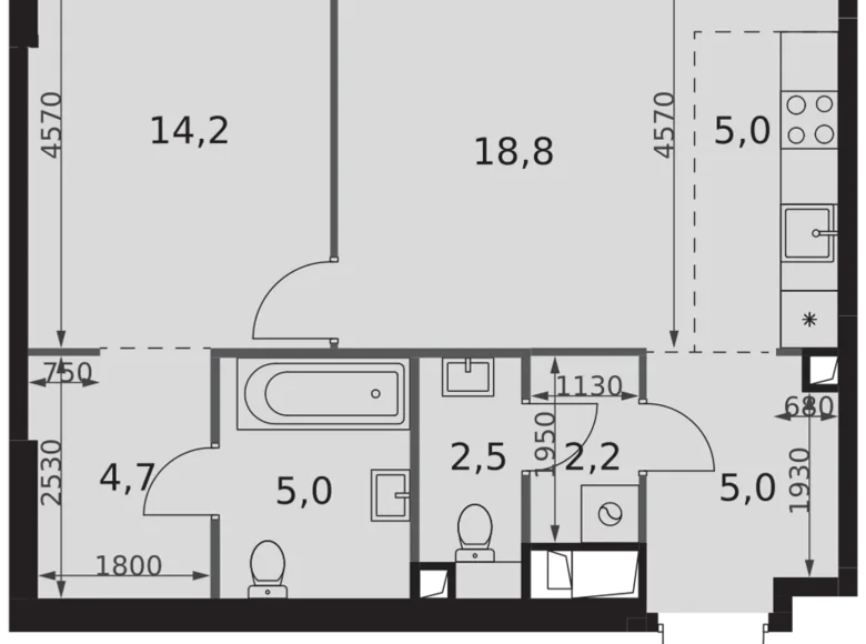 2 room apartment 57 m² North-Western Administrative Okrug, Russia