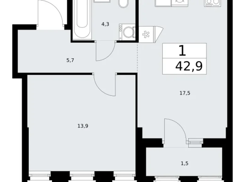 Apartamento 1 habitación 43 m² Troitsk, Rusia