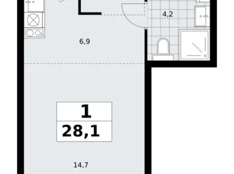 1 room apartment 28 m² Troitsk, Russia
