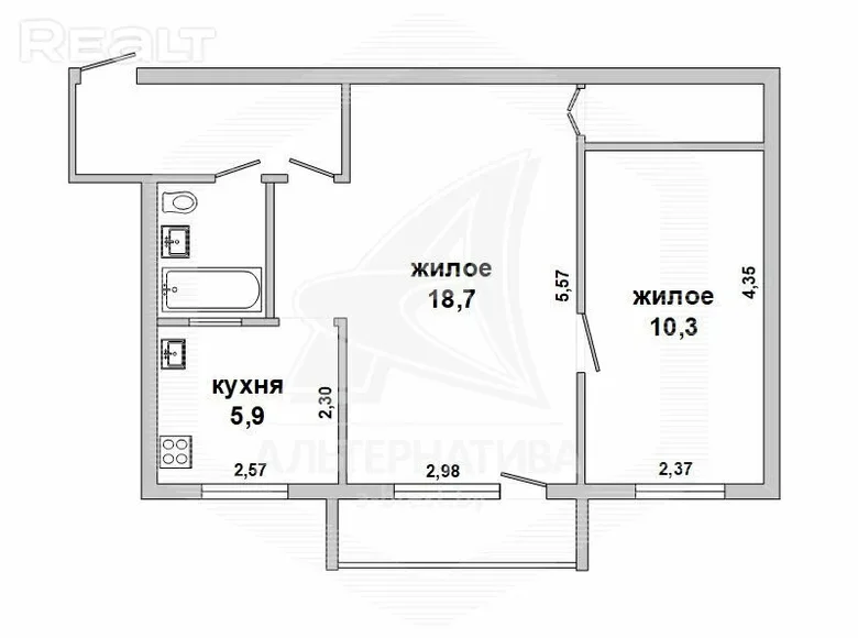 2 room apartment 45 m² Belaazersk, Belarus