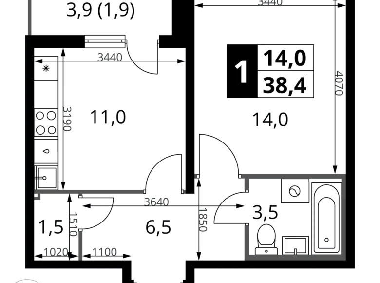 Appartement 1 chambre 38 m² Leninsky District, Fédération de Russie