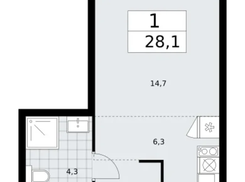 Квартира 1 комната 28 м² район Троицк, Россия