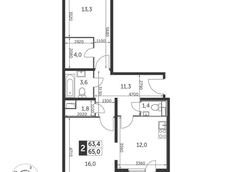 Квартира 2 комнаты 64 м² район Некрасовка, Россия