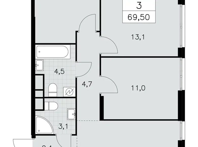 3 room apartment 70 m² South-Western Administrative Okrug, Russia