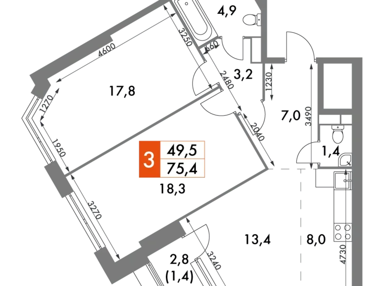 Apartamento 3 habitaciones 75 m² Konkovo District, Rusia