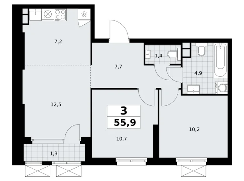 3 room apartment 56 m² South-Western Administrative Okrug, Russia