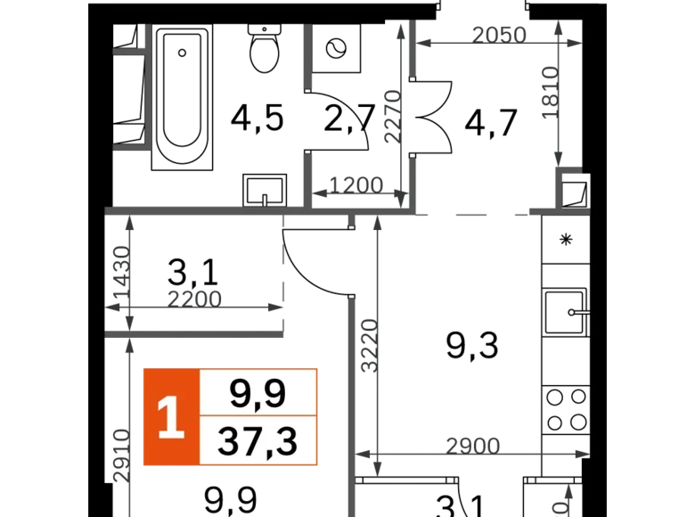 1 room apartment 37 m² North-Western Administrative Okrug, Russia