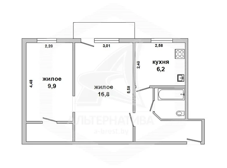 Квартира 2 комнаты 44 м² Пелище, Беларусь