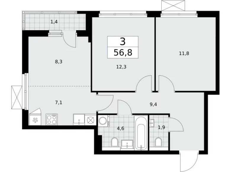 Wohnung 3 Zimmer 57 m² poselenie Sosenskoe, Russland