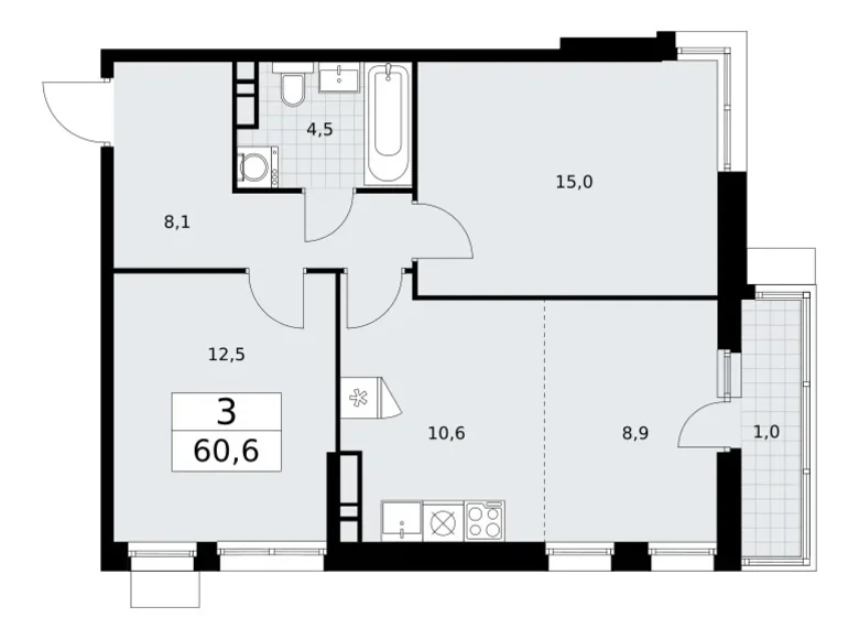 Квартира 3 комнаты 61 м² район Внуково, Россия