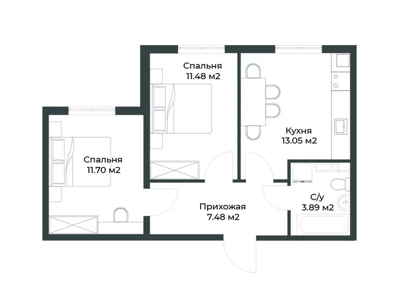 Kvartira 2 xonalar 48 m² Toshkentda