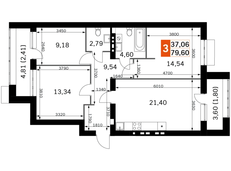 3 room apartment 80 m² Odincovskiy gorodskoy okrug, Russia