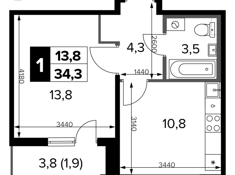 1 room apartment 34 m² Potapovo, Russia