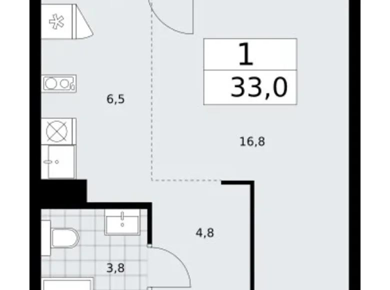 Квартира 1 комната 33 м² район Троицк, Россия