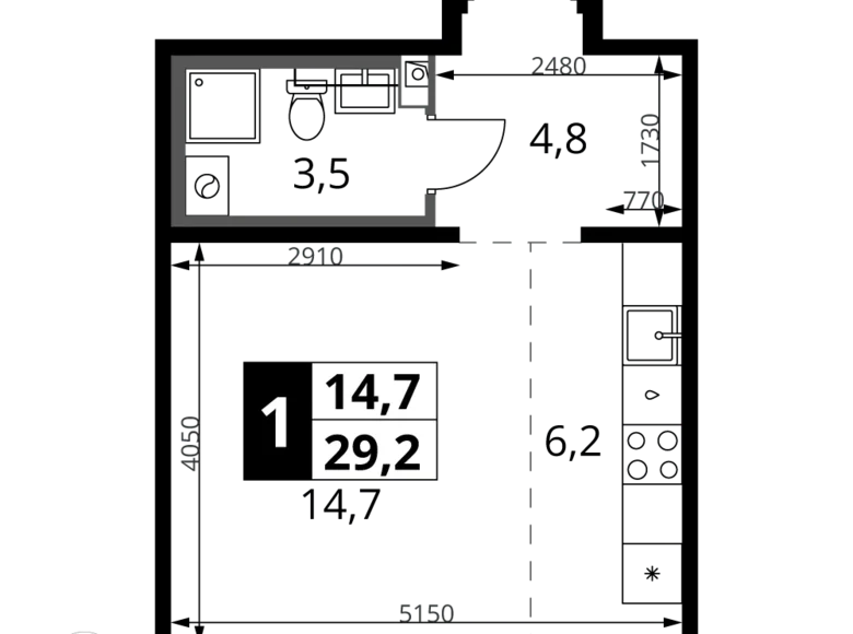 Студия 1 комната 29 м² Ленинский район, Россия