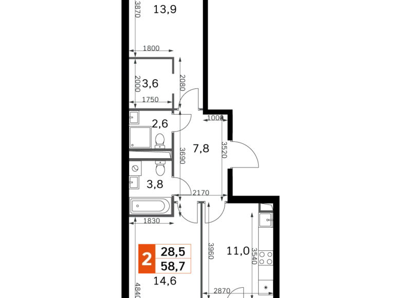 Квартира 2 комнаты 59 м² Москва, Россия