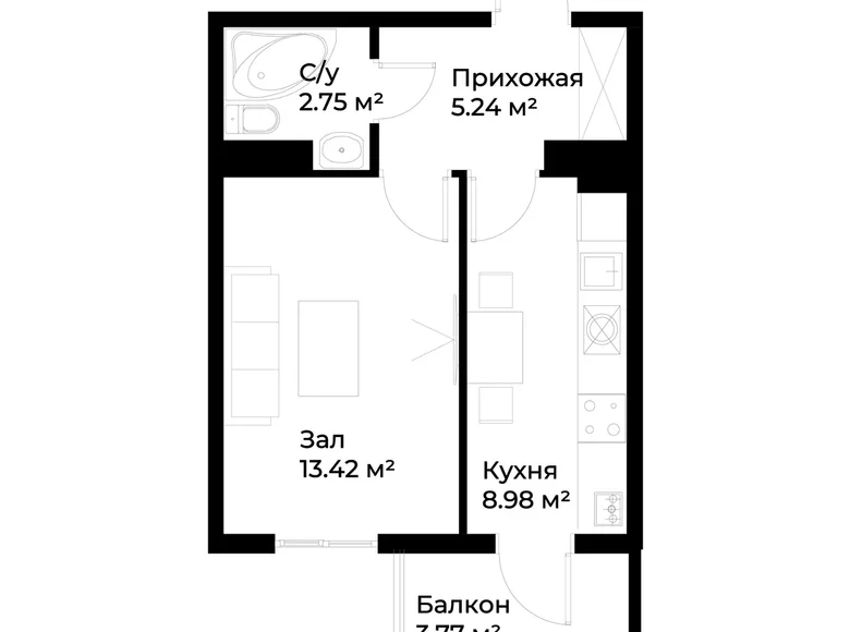 Квартира 1 комната 32 м² Ташкент, Узбекистан