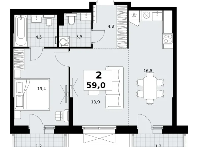 2 room apartment 59 m² Kommunarka, Russia