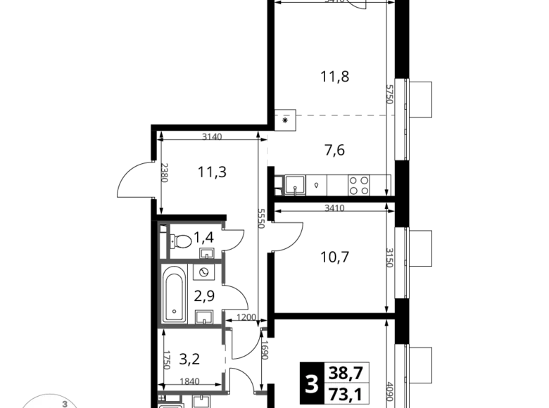 3 room apartment 73 m² Potapovo, Russia