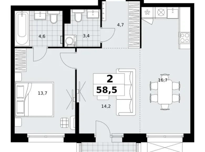 Appartement 2 chambres 59 m² Kommunarka, Russie