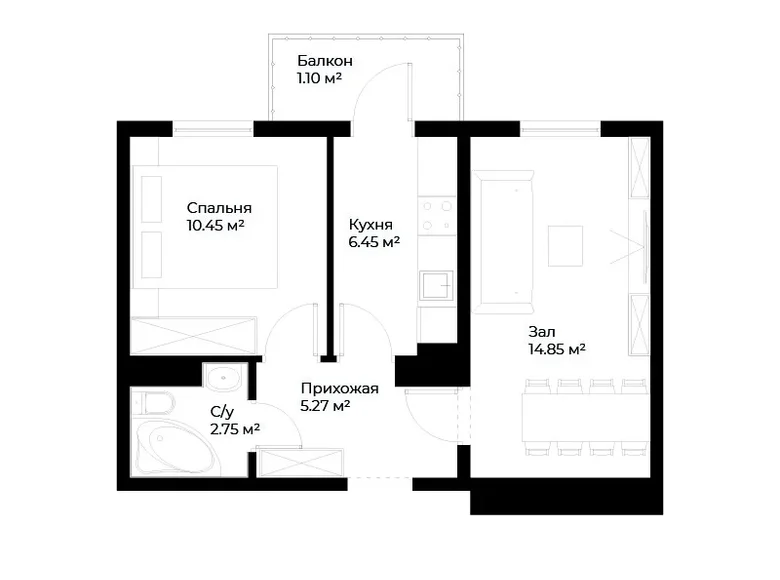 Квартира 2 комнаты 41 м² Ташкент, Узбекистан