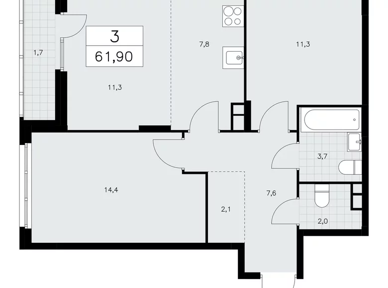 3 room apartment 62 m² Moscow, Russia