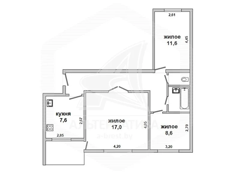 3 room apartment 61 m² Pruzhany, Belarus