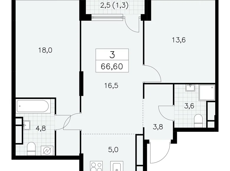 3 room apartment 67 m² South-Western Administrative Okrug, Russia