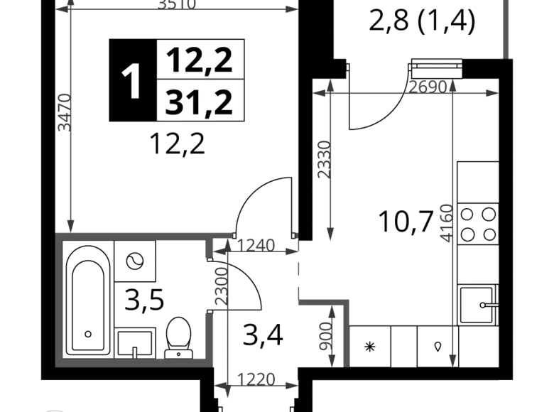 Appartement 1 chambre 31 m² Leninsky District, Fédération de Russie