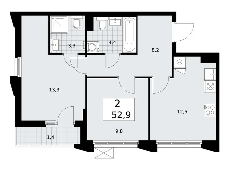 2 room apartment 53 m² Troitsk, Russia