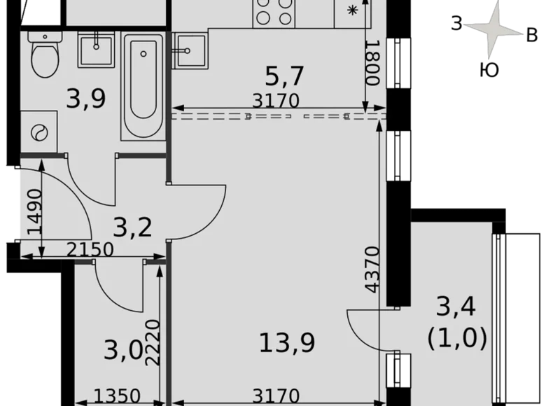 Студия 1 комната 31 м² Развилка, Россия