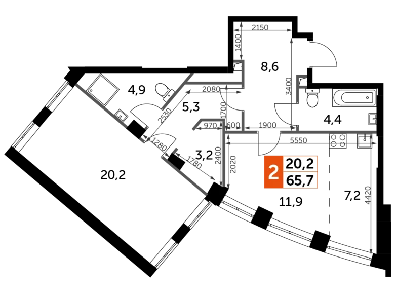 Mieszkanie 2 pokoi 66 m² North-Western Administrative Okrug, Rosja