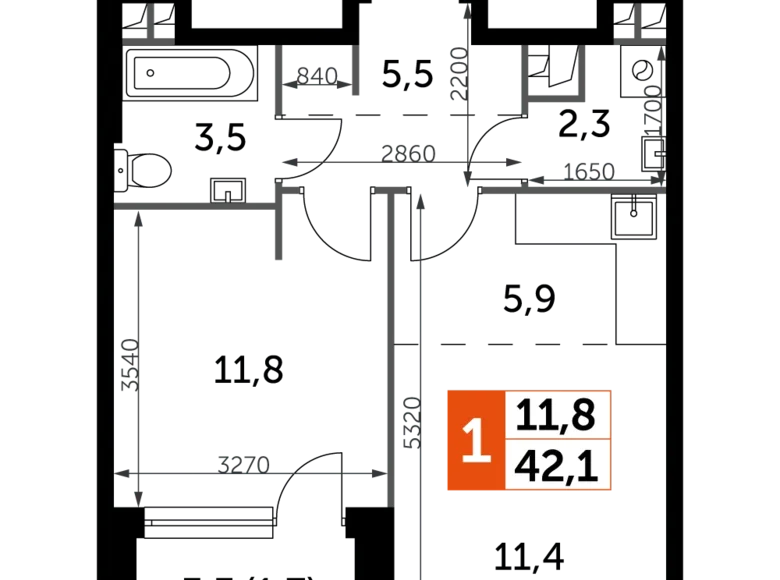 2 room apartment 42 m² Moscow, Russia