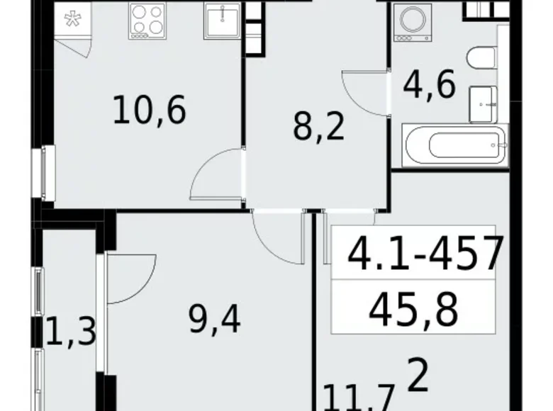 2 room apartment 46 m² South-Western Administrative Okrug, Russia